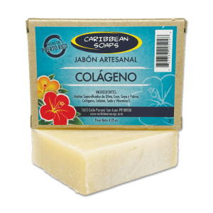 Handmade collagen soap from Caribbean Soaps with natural ingredients. Soap is great for the face. It is prepared with vegetable oils that includes the nutritious olive oil. It is gentle enough for the skin, and therefore for the entire body, as it is fragrance-free or colorant-free. Made in Puerto Rico. Full size 4.25 oz bar