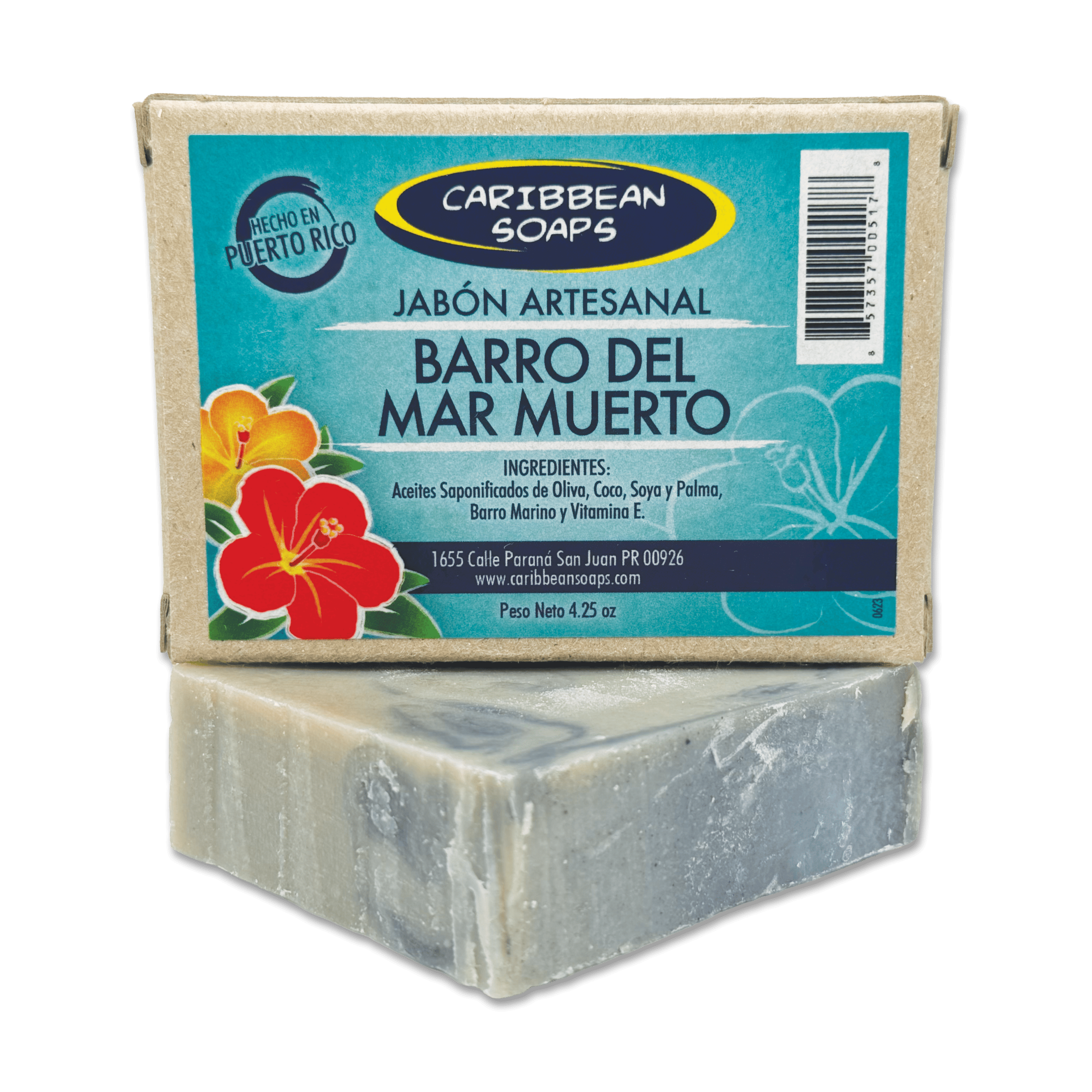 Handmade Dead Sea mud soap from Caribbean Soaps. Great for the face. With the detoxifying properties of dead sea mud. The mud absorbs impurities and excess oils. It is also known for its healing properties for various skin ailments, such as psoriasis and acne. Fragrance free. Made in Puerto Rico Full size 4.25 oz. bar