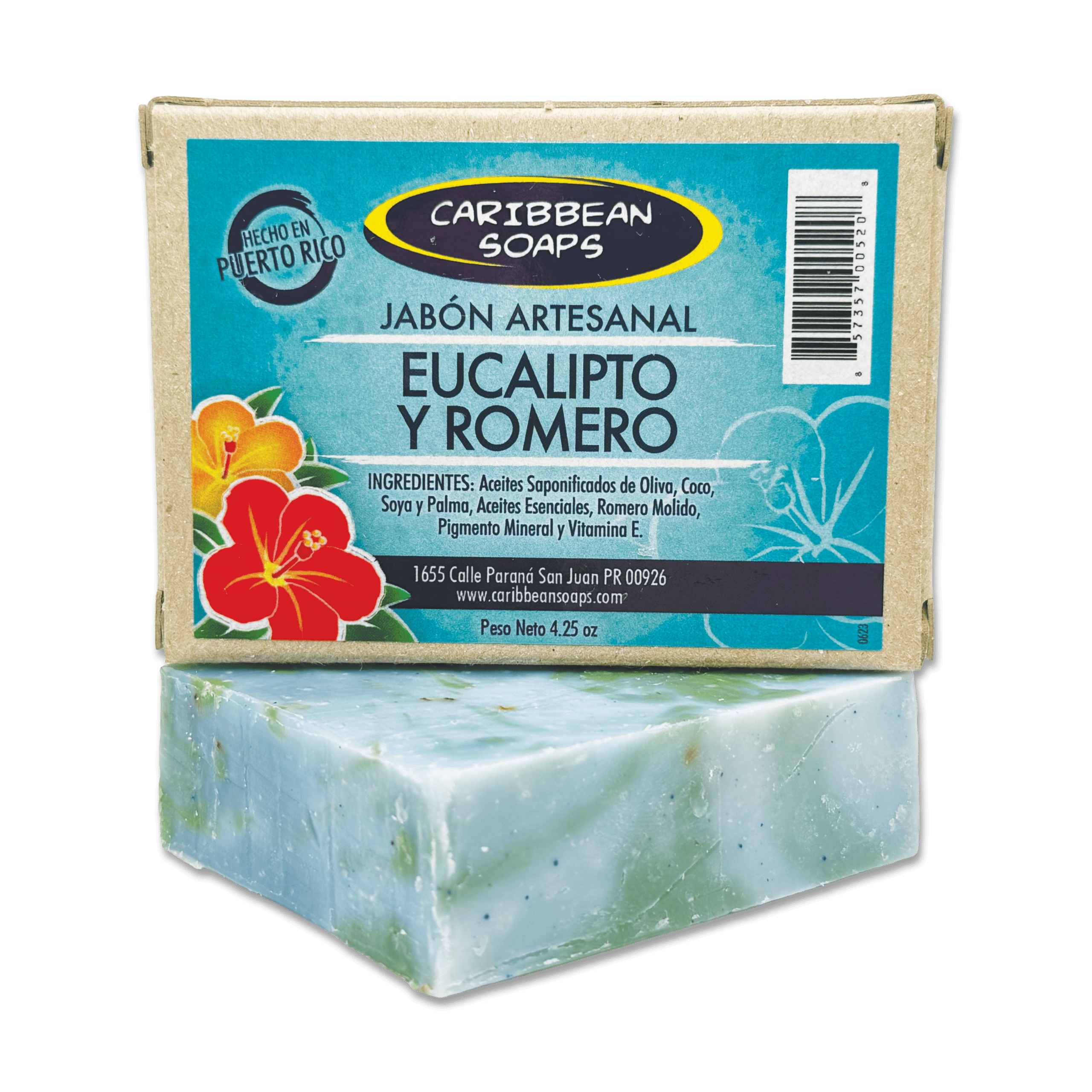 Handmade Eucalyptus and Rosemary soap from Caribbean Soaps, handmade in Puerto Rico. Will definitely clear your sinus! Refreshing scent will cool you down and help you relax. Eucalyptus essentialoil is used locally to relieve sore muscles. Rosemary is known to improve skin tone, clarify skin and alleviate mental exhaustion. Full size 4.25 oz. bar