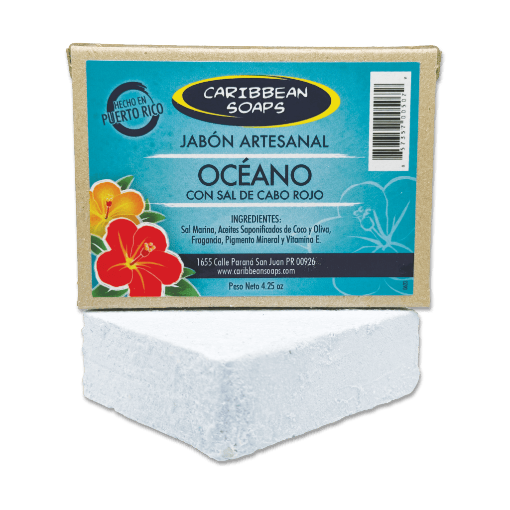 Oceano handmade soap made by caribbean soaps. A great exfoliating soap for the body. The fragrance will remind you of a dip in the Caribbean sea. A generous amount of local sea salt is added rich with minerals. Salts help to draw impurities from the skin, making for a spa-like detoxing skin routine. Full size 4.25 oz. bar. Made in Puerto Rico