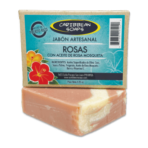 Handmade Rose soap with natural ingredients from Caribbean Soaps. Delicate floral scent. Nutrient rich rosehip oil is known for promoting youthful skin throughout the centuries. Full size 4.25 oz. bar. Made in Puerto Rico