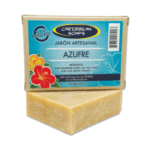 Handmade Sulfur soap from Caribbean Soaps with natural ingredients. Sulphur handmade soap has antibacterial and antifungal properties. For this reason, it is the best bar for body acne, and will help minimize symptoms of rosacea and psoriasis. Yet, mild enough to use on the face. Made in Puerto Rico. Full size bar 4.25 oz.