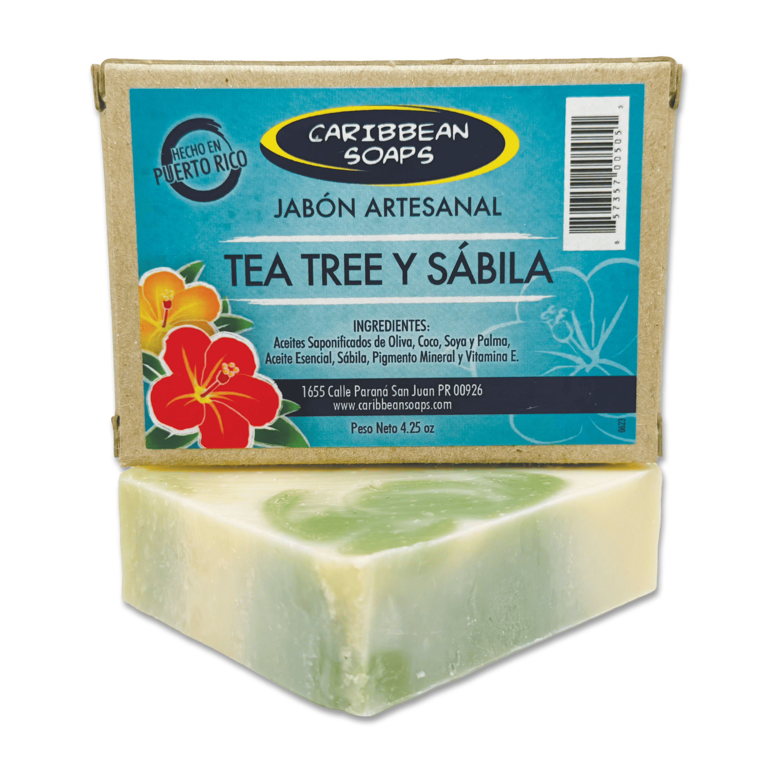 Handmade soap with tea tree and aloe, Caribbean Soaps. Made in Puerto Rico. A first aid soap for the skin. It contains the healing properties of aloe vera along with the medicinal properties of tea tree. Australian tea tree essential oil is great to treat skin conditions such as acne and itching. Tea tree oil is antiseptic, antibacterial & antifungal. Full size 4.25 oz. bar.