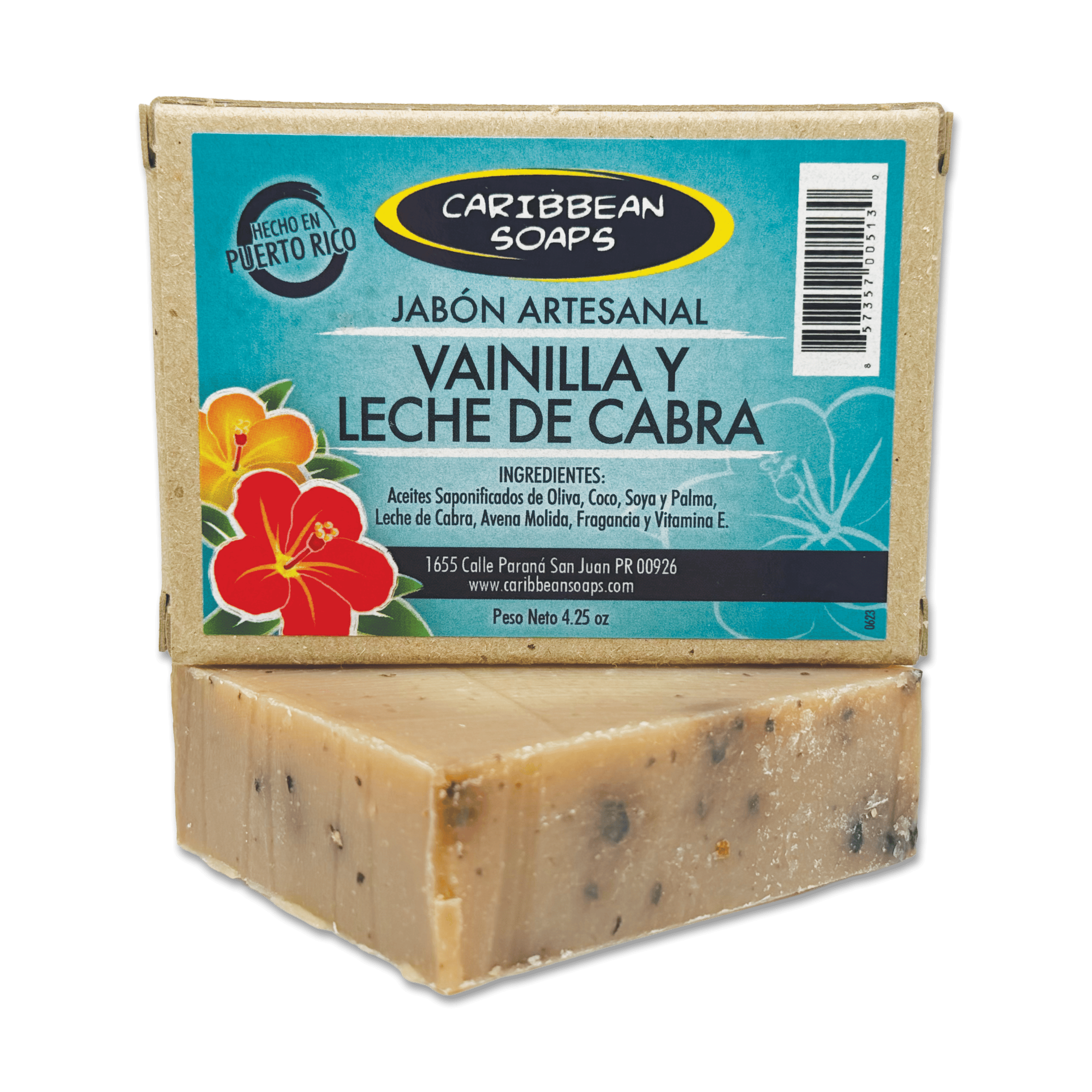 Handmade vanilla and goat milk soap from Caribbean Soaps. We offers best VANILLA & GOAT’S MILK HANDMADE SOAP in Puerto Rico. The sweet scent of vanilla with the moisturizing properties of goat's milk. With oatmeal flakes to gently exfoliate the skin. Made in Puerto Rico. We offers best VANILLA & GOAT’S MILK HANDMADE SOAP in Puerto Rico. The sweet scent of vanilla with the moisturizing properties of goat's milk. With oatmeal flakes to gently exfoliate the skin. Full size 4.25 oz. bar